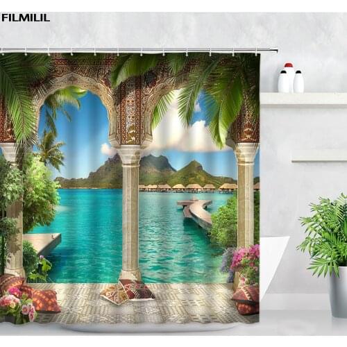 FILMILIL Palm Trees Ocean Scenery Shower Curtains Set European Landscape Bathroom Curtain Polyester Fabric Bathtub Decor Screens