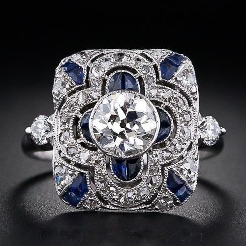 Retro Flower Shape Rings for Women Blue Zircon Jewelry 925 Sliver Ring Bride Classic Wedding Engagement Jewelry Full Drill Ring