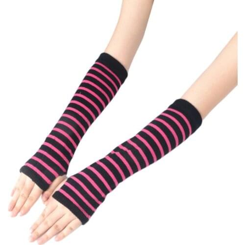 Women Girls Knitted Fingerless Long Gloves Stripes Printed Over Elbow Length Winter Stretchy Arm Warmer Sleeves with Thumb Hole