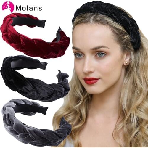 Molans 2021 Female Bezel Velvet Padded Headband for Women Solid Braided Hairband Weaving Wide Hair Hoop Fashion Hair Accessories