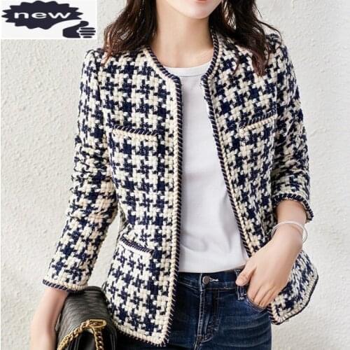 2021 Autumn Vintage Cardigan Tweed Jacket Office Ladies Classic Slim Lattice Jackets Women O-Neck Long Sleeve Elegant Outerwear