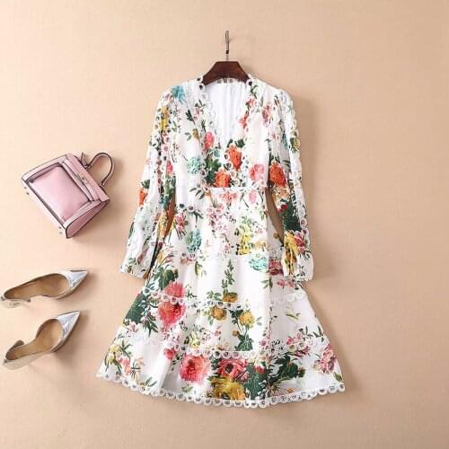 QUALITY New HIGH Fashion 2021 Summer Designer Runway Womens V-neck Sweet Flowers Printed Patchwork Hollow Out Circle Dress