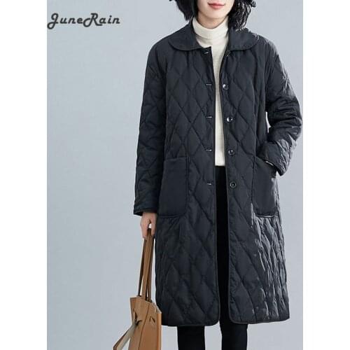 JuneRain Winter Women Collar Oversize Rhombus Pattern Long Parkas Pocket Long Quilted Overcoat Vintage Single Breasted Outwears