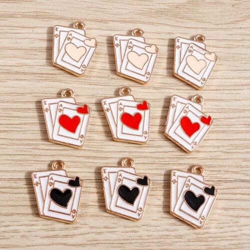 10pcs 15*17mm Enamel Heart Playing Cards Charms Pendants for DIY Necklaces Drop Earrings Keychain Jewelry Making Accessories