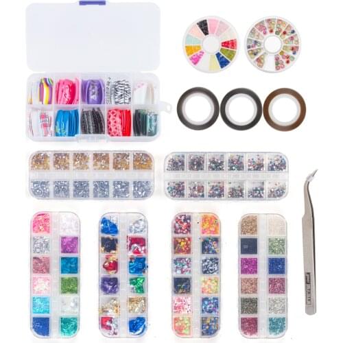 3D Glitter DIY Nail Decoration Kit Mix Sizes Glass Crystal Non Hot Fix Rhinestone Set Tweezers Crystal Nail Art Rhinestones