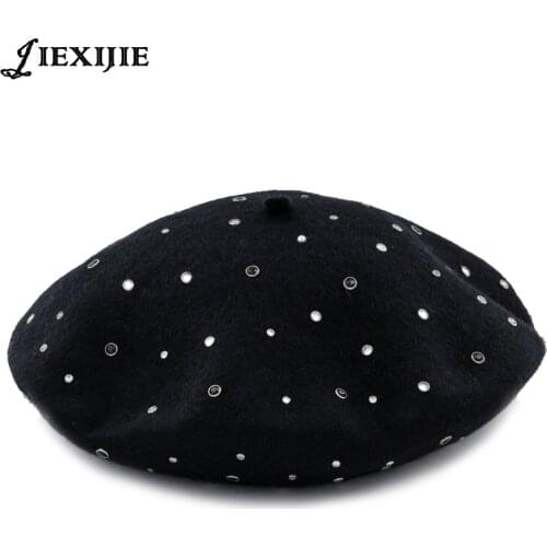 French Artist Beret Hat Exquisite Handmade Diamond Studded Wool Beret Winter Lady 2018 Brand New Womens Hats Painter Caps