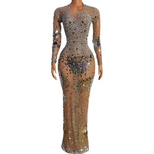 Sparkly Silver Rhinestone Mirrors Pearls Transparent Dress Dancer Costume Celebrate Outfit Prom Evening Birthday Outfit