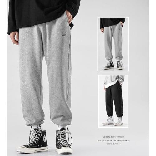 Drawstring trousers, mens gray sports pants, loose straight-knit pants, casual thin wide-leg basketball pants