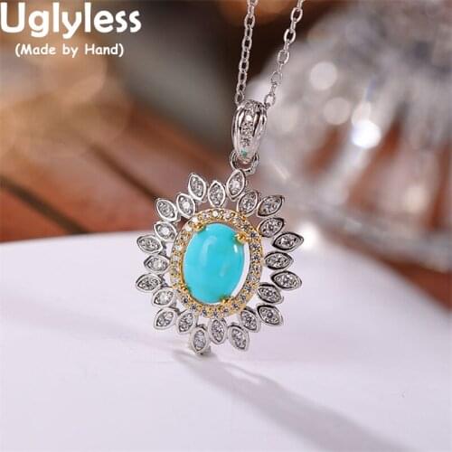 Uglyless Spark Crystals Floral Pendants for Women High Porcelain Turquoise Necklaces NO Chain Bohemia Exotic 925 Silver Jewelry