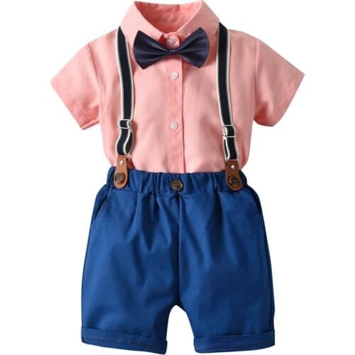 40# Toddler Baby Clothing Boy Girls Short Sleeve Lapel Bowknot Top T-shirt + Sling Shorts Gentleman Child Boutique Clothing