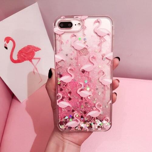 HereCase Glitter Dynamic liquid Flamingo Phone Cases For iPhone 6 6s 7 8 11Plus Case Silicone Cover Case For iPhone X Girly case