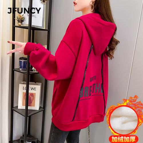 JFUNCY 2021 Fall Women Hoodies Zipper Letter Print Oversized Hooded Sweatshirt Woman Plus Velvet Tops Casual Loose Female Coats