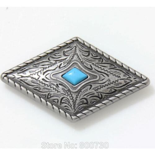 KB303) Wholesale 50pc Prairie Dust Diamond Concho 1-11/16" x 1" Antique-Silver w/ Blue Stone Concho Leathercraft Hardware