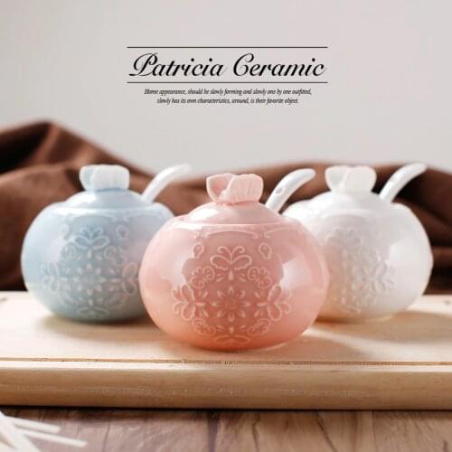 Ceramic Bone China Caster Salt Sugar Pot Set (3 Pcs) with Engraving Lace Pattern for Kitchen Cooking