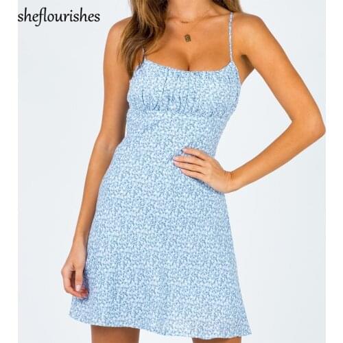 Summer women dress sexy spaghetti strap dresses kawaii floral print dress blue u neck a line mini dress slim french vestidos
