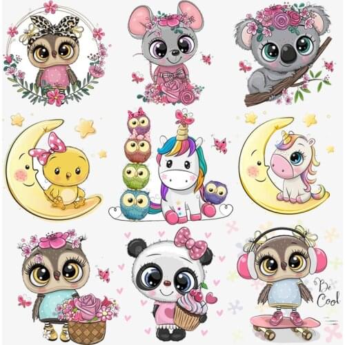 Cartoon Cute Heat Transfer Patch Sticker Iron On Transfers On Clothes Kid T-Shirt Unicorn/Cat Heat Transfer Vinyl For Clothing