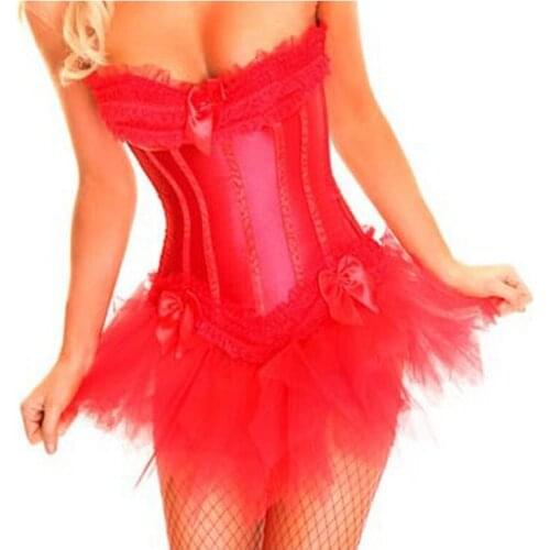 Red ruffle lingerie women Sexy tutu skirt Corset Bustier bow accessory lingerie overbust corset with skirt w7001