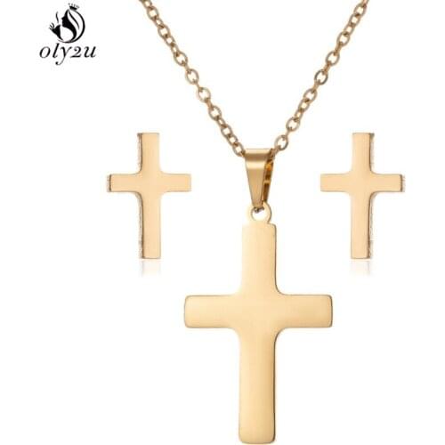 Oly2u Simple Gold Cross Stainless Steel Necklace Religious Jewelry Sets for Women Collares Small Cross Stud Earrings Kids Party