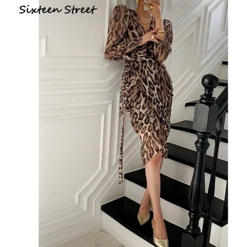 Chic Leopard Korean Woman Vintage Elegante Vestidos Y2k Fashion Clothing Long Sleeve Sexy Dresses Party Night Club Dress 2021