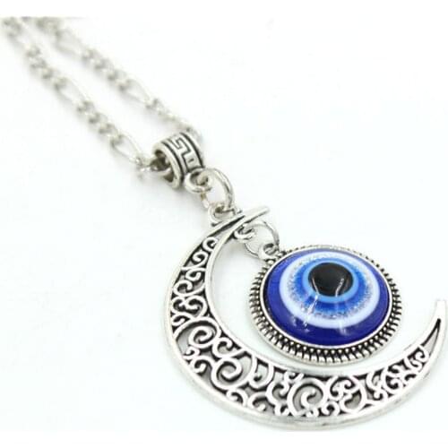 Turkish Blue Eyes Pendant Alloy Moon Necklace Evil Eye Silver Jewelry Acrylic Beads And Glass