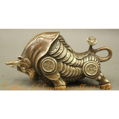 Folk Chiense Culture Copper Wealth Money Coin Year Zodiac RuYi OX Bull Statue