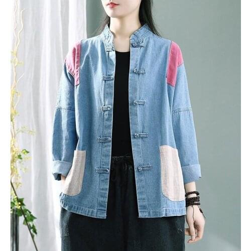 Casual Single Breasted Coat Spring New Arts Style Women Long Sleeve Vintage Button Jackets Coats Cotton Denim Loose