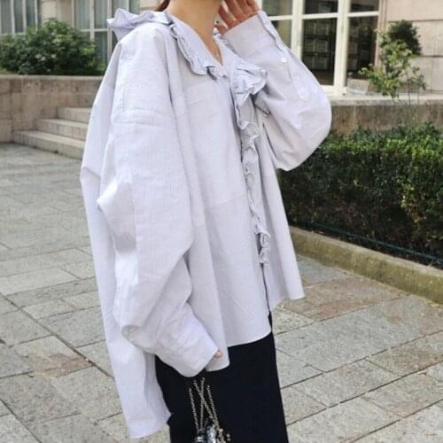 Big Sale Spring/Summer Korean Casual Loose Striped Shirt Long Sleeves Sweet Lotus Leaf Edge Cotton Comfortable Elegant Shirt