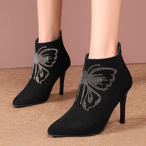 Women Fashion Crystal Super High Heels Ankle Boots Stiletto Pointed Toe Boots Woman Autumn Winter Warm Drop Ship