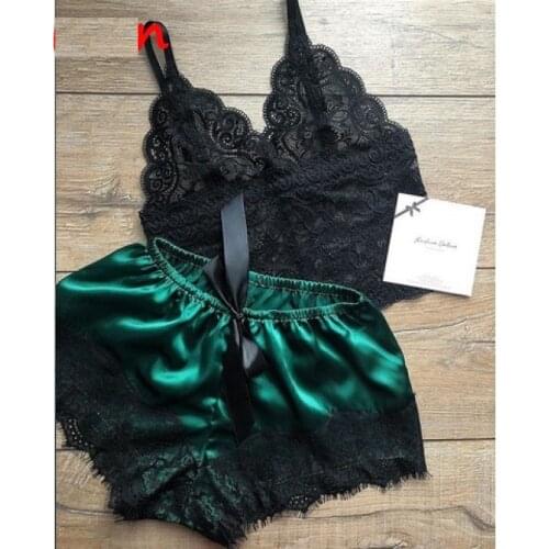 Women Lace Pajamas Set Sexy Vest+Short Lingerie Underwear Set Casual Spaghetti Strap V-Neck Home Femme Nightwear Sleeping Wear