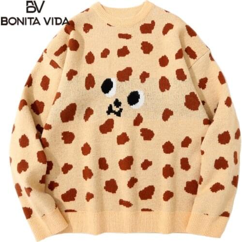Bonita Vida Harajuku Sweaters Leopard Knitted Pullover Jumpers Streetwear Sweater Hip Hop Casual Knitwear Mens Loose Tops
