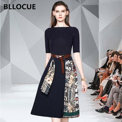 BLLOCUE High Quality New 2019 Autumn Winter Women Knitted Patchwork Print Pleated Runway Dress Elegant Party Dress With Belt