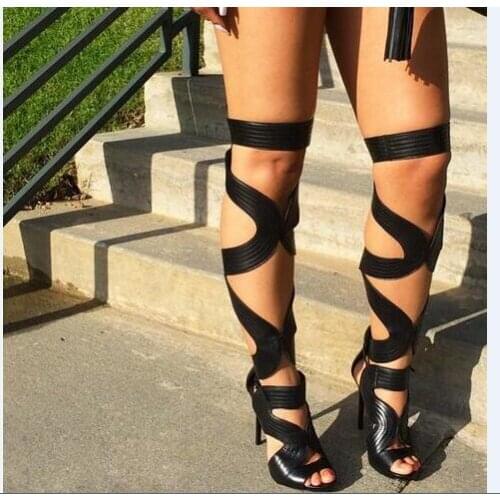 2019 summer strappy lace-up long gladiator sandals sexy cut-outs thigh high sandals open toe super high heels shoes black