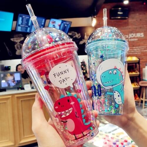 450ml Sequin Bottle Cute Cartoon Animal Water Bottle With Straw For Kids Large Capacity Portable Reusable Plastic Drinking Cup