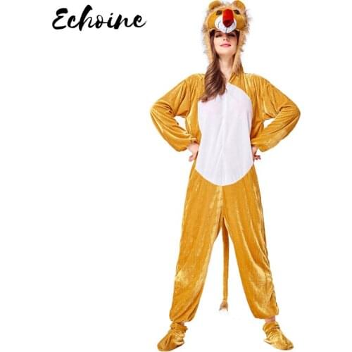 Echoine Khaki Animal Pajamas Halloween Cosplay Costume Lion Onesies Pyjamas Game Cartoon Sleepwear Jumpsuit for Unisex Adult