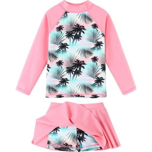 BAOHULU Girls Two Pieces Set Long Sleeve Rash Guards Swimsuits with Skirt UPF 50+ UV Protection Swimwear Sunblock Bathing Suit