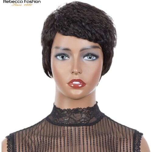 Rebecca Short Cute Wavy Wig Peruvian Remy Human Hair Full Wigs For Women Short Pixie Straight Cut Full Mechanism Nature Hair Wig