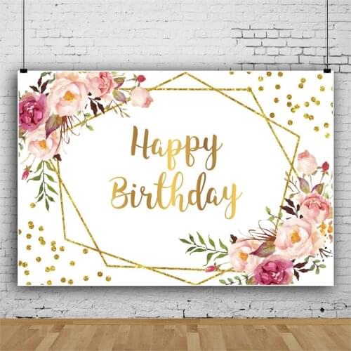 Laeacco Gold Polka Dots Beautiful Flowers Happy Birthday Personalized Poster Baby Shower Photo Background Photographic Backdrops