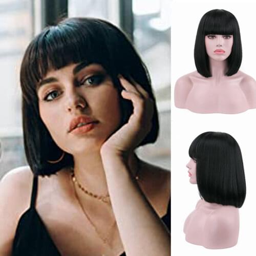 LANYI Short 13inches Bob Wigs with Bangs For Women Synthetic Hair Heat Resistant Black Brown Blonde Daily Wigs Women