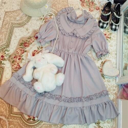 Summer Cute Womens Lolita OP Princess Vintage Dress Grey/Gray Solid Dress Ruffled Stringy Selvedge Trim One Piece