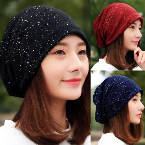 Hot Sale Women Casual Cotton Sequin Spring Winter Headscarf Ladies Black Red Navy Beanies for Girl Female Hip Hop Hats Caps