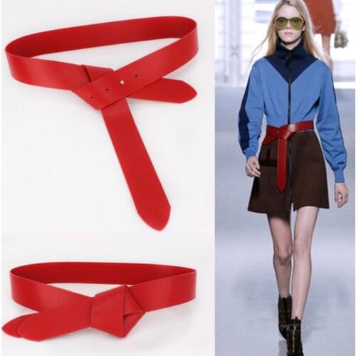 New Fashion Designer red wide soft PU leather tie belt for women strap belts Luxury black long DIY Bowknot tie design lady dress