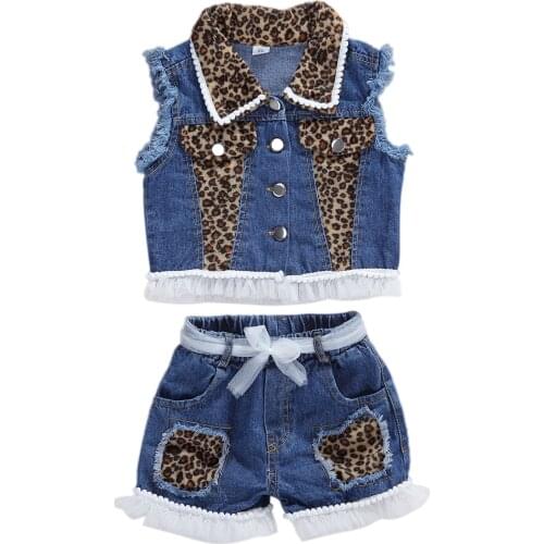 1-6Y Fashion Infant Baby Girls Leopard Clothes Sets Sleeveless Single Breasted Vest Coat Tops Shorts 2pcs