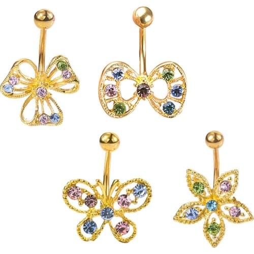 1pc Butterfly Navel Piercing Stainless Steel Belly Button Ring Barbell Bar Dangling Crystal Zircon Woman Sexy Body Jewelry 14G