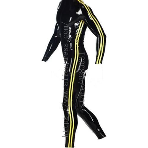 Custom size supports cool black catsuit mens latex Zentai with side yellow stripes decorations and attached front zipper to ASS