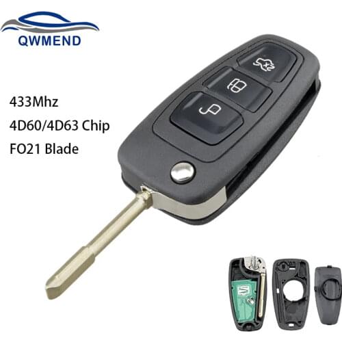 BHKEY 3 Buttons Car Remote Key for Ford Focus Mondeo 1999-2007 Flip Car Key FO21 Blade 4D60/4D63 Chip 40bit/80bit 433Mhz