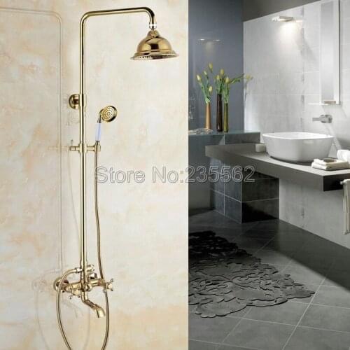 Modern Gold Color Brass Rain Shower Faucet Set Dual Handle Tub Mixer Tap With Hand Shower lgf396