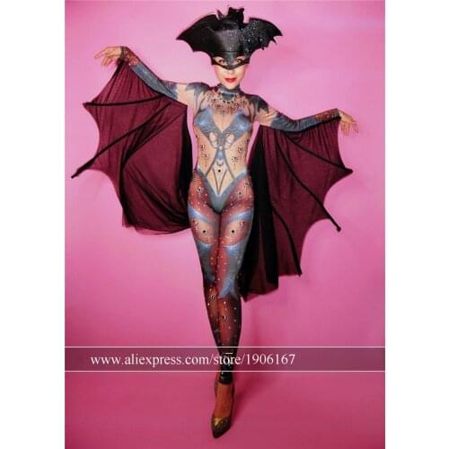 Sexy Lady Halloween Party Bat Headdress Black Wings Female Dj Ds Dance Team Suit GoGo Costume Stage Performance Cosplay Clothes