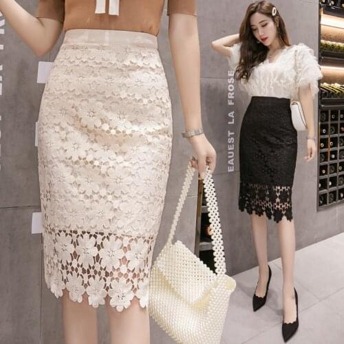 TingYiLi Hollow Out Lace Pencil Midi Skirts Womens Summer High Waist Sexy Tight Black Beige Skirt With Slit Korean Office Skirt