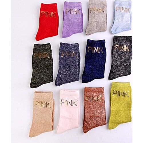 High quality fashion women Lurex glitter socks gold sequins PINK printed letter socks high quality casual women sexy happy socks