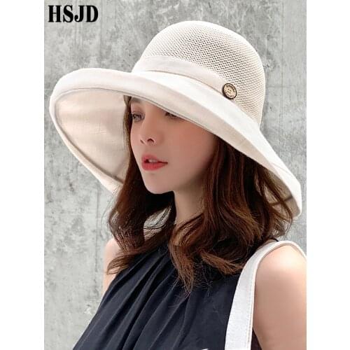 Women Summer Foldable Anti-UV Beach hat Solid Color Net Mesh Large Wide Brim Sun Hat Ladys Cloth Sunscreen Cap 2019 Female Cap